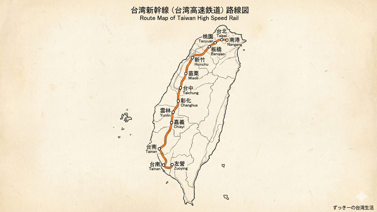 鉄道路線図 台湾新幹線（台湾高速鉄道）の路線図！各駅から市内までの交通手段も